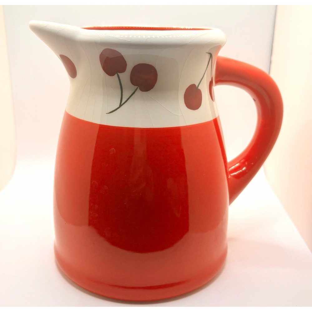 Vintage Coastline Imports Cherry Earthenware Pitcher, Red White Fruit Water READ